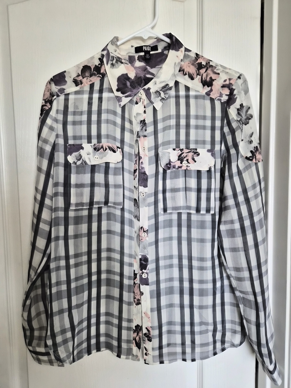 PAIGE White and Gray Plaid Button-Down Shirt with Pink Floral Trim